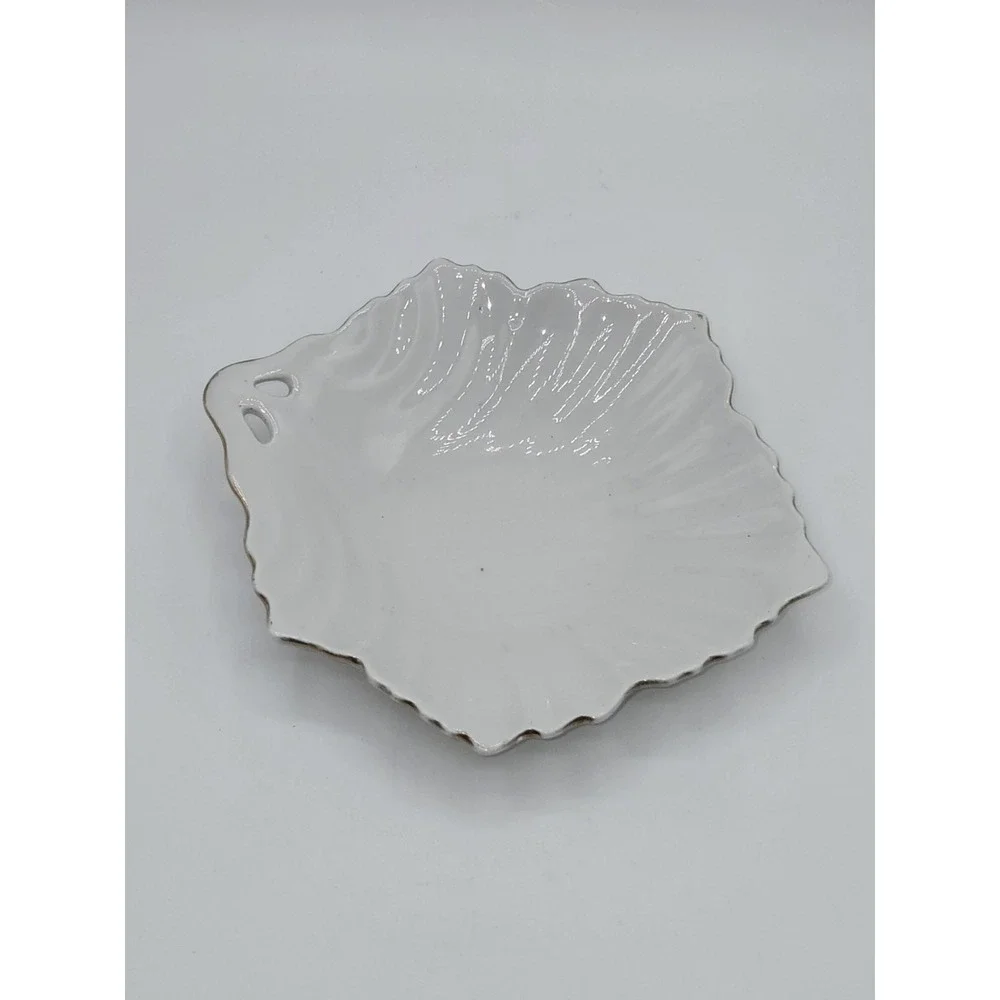 1964 Vintage‎ White Porcelain Leaf Dish Gold Trim Scalloped Trinket Dish